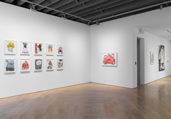 Installation view of Ellen Berkenblit's solo show. Several works presented.