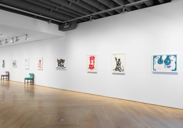 Installation view of Ellen Berkenblit's solo show. Multiple works shown.