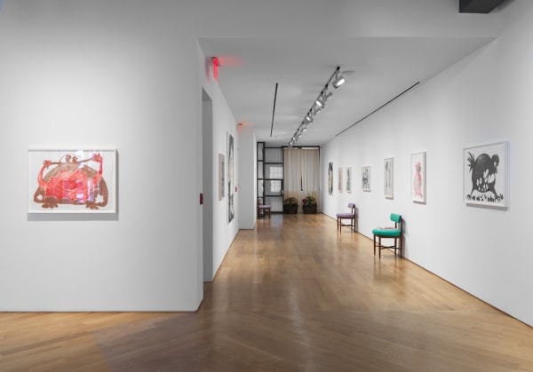 Installation view of Ellen Berkenblit's solo show. Several works featured.