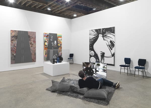 Installation view of Implosion, a 20 year anniversary show featuring all 28 artists on the Anton Kern Gallery roster. Several works shown.