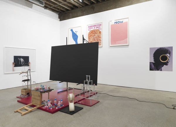 Installation view of Implosion, a 20 year anniversary show featuring all 28 artists on the Anton Kern Gallery roster. Shrigley and Tirvanija's monitor.