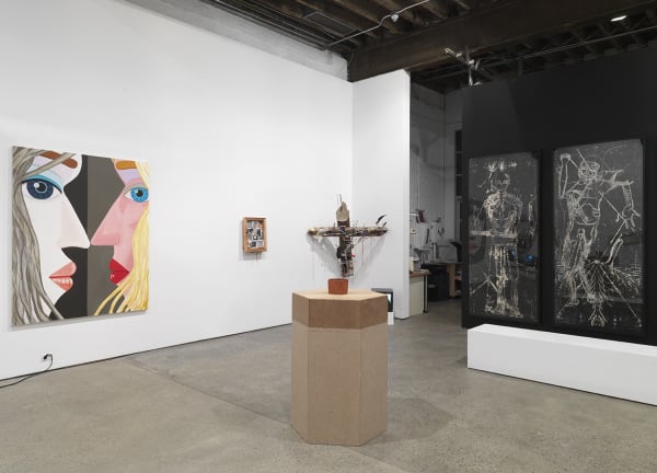 Installation view of Implosion, a 20 year anniversary show featuring all 28 artists on the Anton Kern Gallery roster. Saul Fletcher's sculptural work in the corner amongst other works.