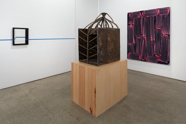 Installation view of Implosion, a 20 year anniversary show featuring all 28 artists on the Anton Kern Gallery roster. Mark Grotjahn's all bronze work.