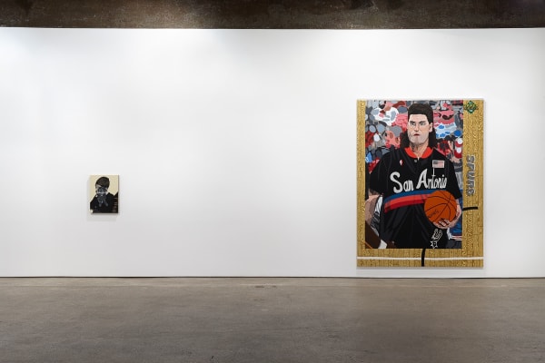 Installation view of Jonas Wood show titled Portraits. Two works shown with Dwayne Schintizius being the larger one.