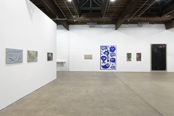 Installation view of Eberhard Havekost solo show titled Expulsion from Paradise Freeze. Main work is Hola, B14, a large blue work by the artist. Other works featured.