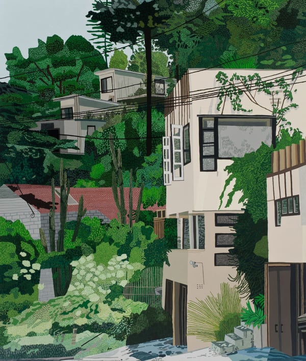 Detail of Schindler Apartments, one of Wood's works depicting the motifs of LA.