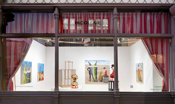 Installation view of the 2022 exhibition “Ryan Wilde's Circus of Solitude” at WINDOW with exterior view of floors, walls, artworks and ceiling.