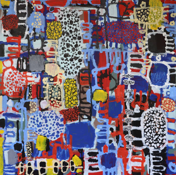 Naomi Hobson Honeyeaters flock to the masses of large red bottlebrush that line the river edge, acrylic on canvas, 100...