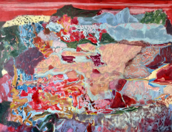 Jo Bertini ‘Singing Up Country – each phrase the size of a red stone – Turraburra.’ (Iningai Country, QLD)’, oil on Belgian linen, 158 x 204 cm