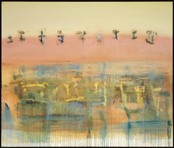 Kate Dorrough 'Icons and River Script', acrylic on linen, 170 x 201 cm (framed)
