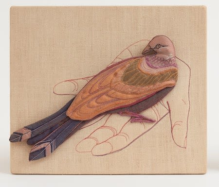 Heather Dorrough 'Bird in the Hand' 1977, fabric, dye, machine embroidery, 30 x 20 cm