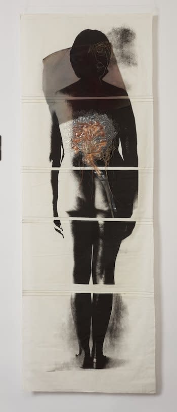 Heather Dorrough 'Self Portrait No. 21 (Marriage) 1982, textile, dye, photographic silk screen printing, machine embroidery, 175 x 64 cm