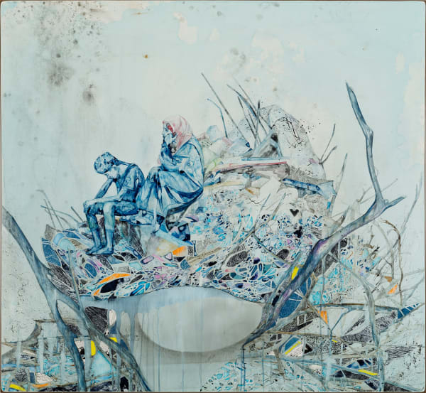 Belinda Fox Storymaker III (hold me up), watercolour, ink, graphite, collage on board, 122 x 132 cm (framed)