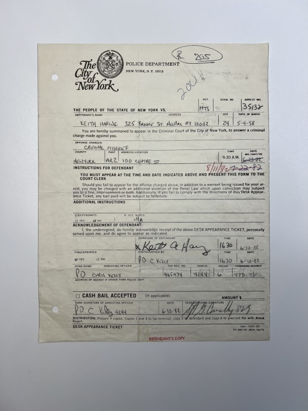 Keith Haring, The City of New York Police Department Arrest Report (Criminal Mischief), 1982