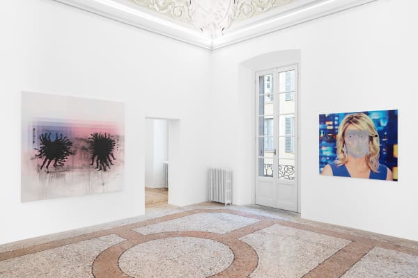 Installation view of Mark Flood's exhibition "Battlefields" at Peres Projects, Milan (2023)