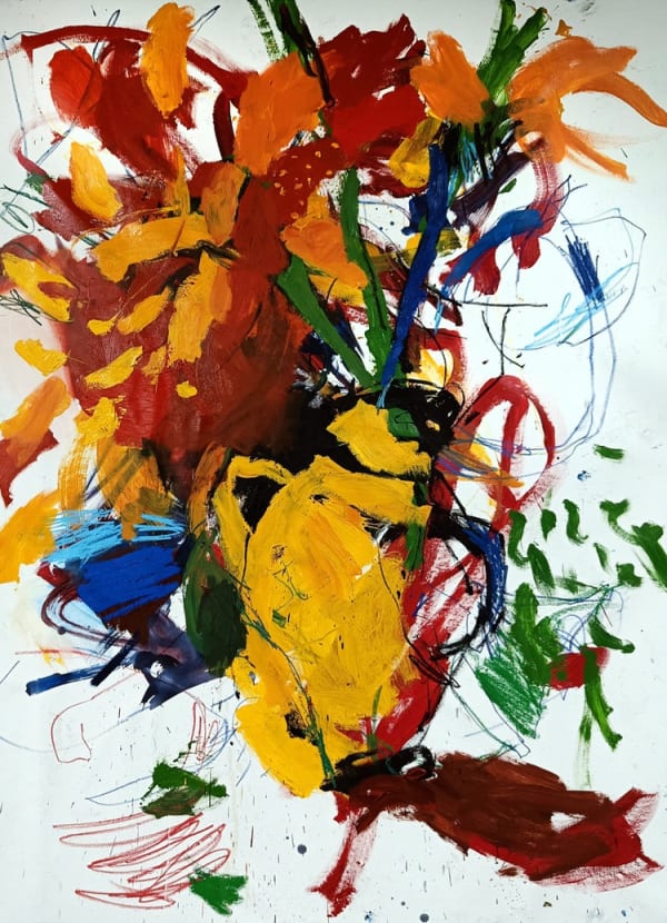 Luis Olaso Composition for a yellow vase with flowers, 2024 Oil, acrylic, oil bar and oil pastel on canvas 78 3/4 x 57 1/8 in 200 x 145 cm