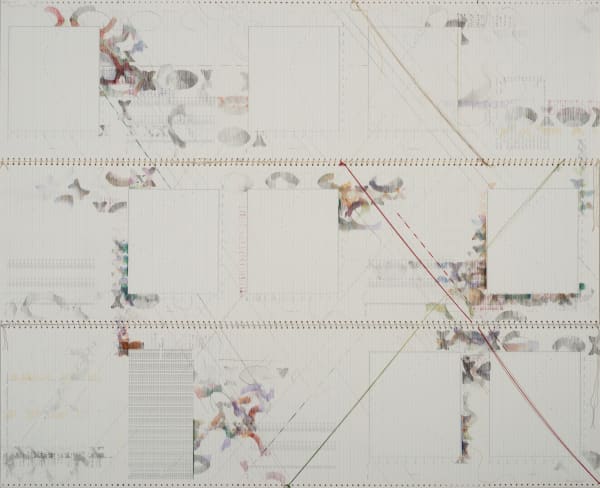 Right-On (#19), 1976 pencil, colored pencil, stamp, and thread on found continuous-feed computer paper 44.5x55 inches