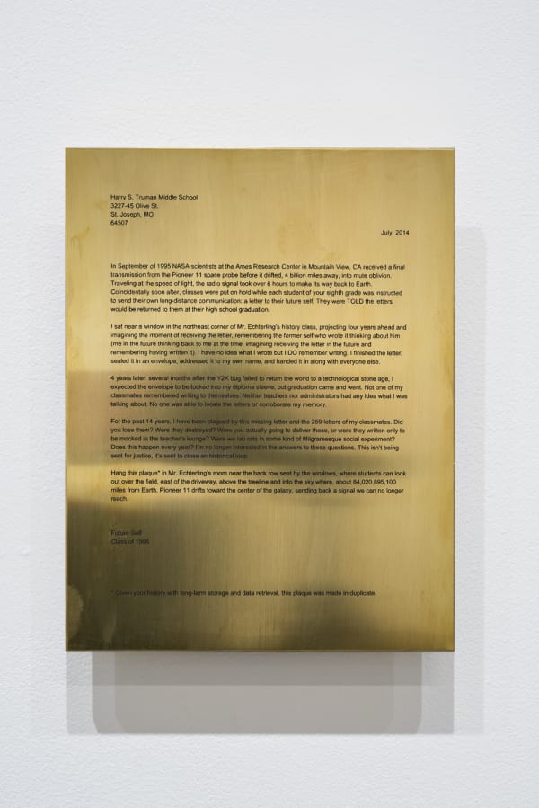 Frank Heath Backup Plaque (Letter From Future Self), 2014 Laser-etched brass, postage 8.5x11 inches