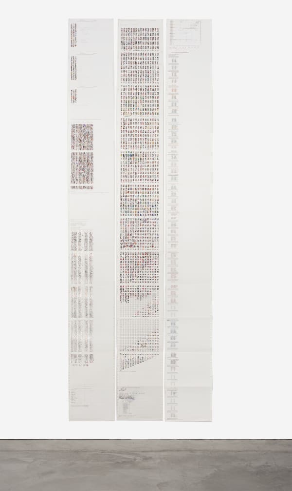 Sonya Rapoport Hovenweep V, VI, and VII, 1976 Pencil, colored pencil, ink, stamp and thread on found continuous-feed computer paper Three folios: 14.875 x 132 inches each