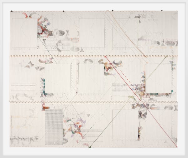 Sonya Rapoport Right-On, 1976 Pencil, colored pencil, stamp and thread on found continuous-feed computer paper 44.5 x 55 inches