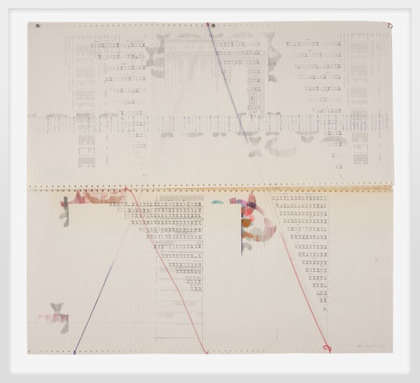 Sonya Rapoport Binding, 1976 Pencil, colored pencil, ink, stamp and thread on found continuous-feed computer paper 30 x 33 inches