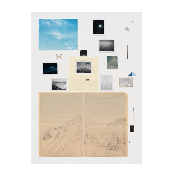 Sean McFarland Ode to Masanao Abe Graphite, burnt match, rocks, desert sage dust, watercolor, inkjet prints, newsprint, cyanotype, thread, glue, and elemental silver 40 x 29 "
