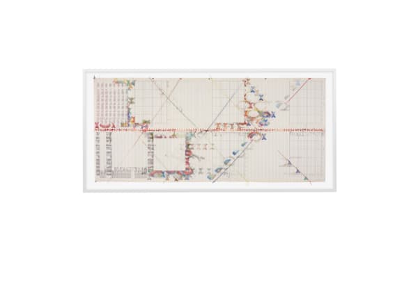 Sonya Rapoport Untitled 10 1976 Pencil, colored pencil, stamp, type and thread found on continuous-feed computer paper 29 3/4 x 66"