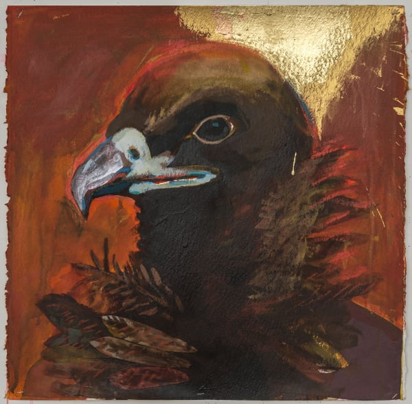 Karen Heagle, Untitled (Cinereous Vulture), 2018 acrylic, ink, collage, gold leaf, pastel on paper, 23 1/2 x 24 in