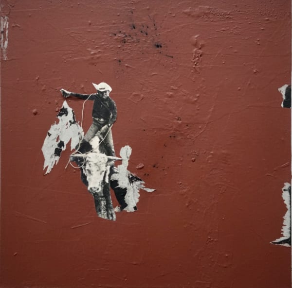Lanecia Rouse Tinsley, 8 seconds, 2020 Acrylic, enamel, paint, charcoal, newspaper, string and paper on canvas, 20 x 20 in