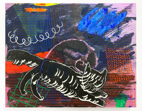 Chie Fueki, Healer Cat and Fibonnaci Sprial, 2020 Acrylic, Ink and Colored Pencil on Mulberry Paper on Panel, 16 x 20 in