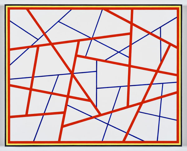 Cary Smith, Straight Lines #22 (red-blue with black-yellow border), 2019