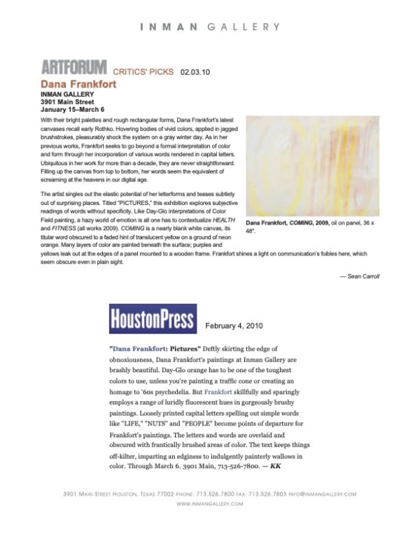 Critic's Picks: Dana Frankfort