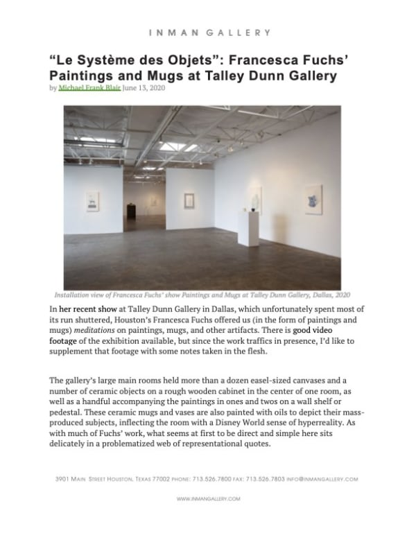 “Le Système des Objets”: Francesca Fuchs’ Paintings and Mugs at Talley Dunn Gallery