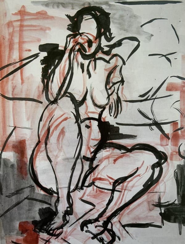Student Drawing, Untitled, 1958, ink and wash on paper, 22" x 17" Collection of Monhegan Museum, Gift of the Estate of Lynne Drexler. Exhibition Catalogue, "Lynne Drexler: Painter," Monhegan Museum & Portland Museum of Art