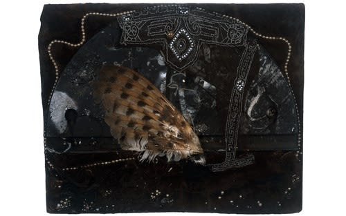 An assemblage sculpture with a dark ground and a large fish
