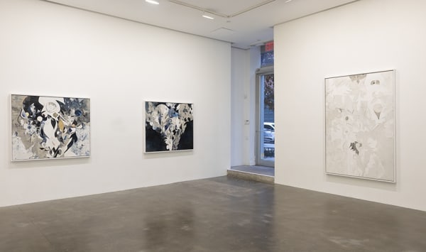 Installation View of Susan Inglett Gallery with three paintings by Ryan Wallace hanging on the walls