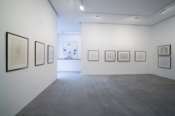 Installation view of Susan Inglett Gallery with 2d works by Bruce Connor hanging on the walls