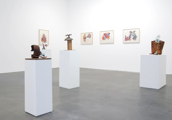 Installation view from George Herms's "ZEITGEIST BANDWAGON" exhibition at Susan Inglett Gallery