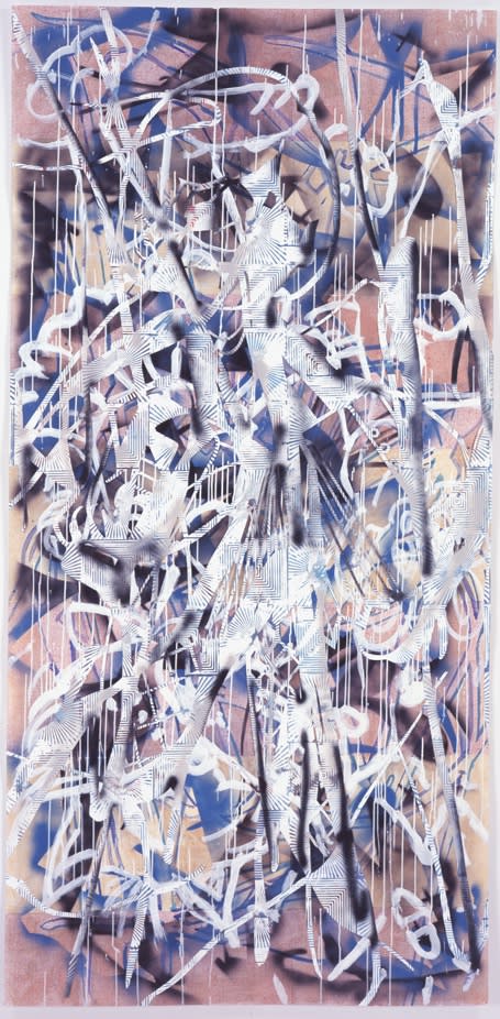 Abstract painting in colors of pink, white, and purple paint splatters