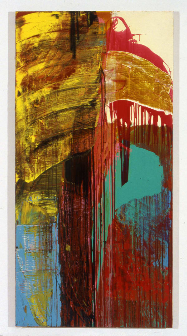 Abstract painting in colors of red, blue, yellow, and teal with drips down the painting