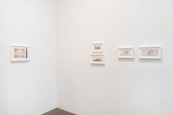 Backroom gallery installation view of Robyn O'Neil's exhibition American Animals showing a selection of small drawings on hotel stationery