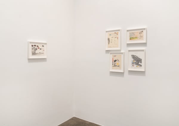 Backroom gallery installation view of Robyn O'Neil's exhibition American Animals showing a selection of small drawings on hotel stationery