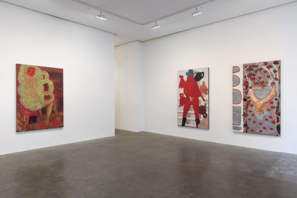 Installation view of Susan Inglett Gallery with two large paintings by Beverly Semmes hanging on the walls