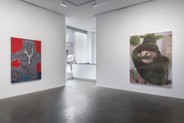 Installation view of Susan Inglett Gallery with two large paintings by Beverly Semmes hanging on the walls