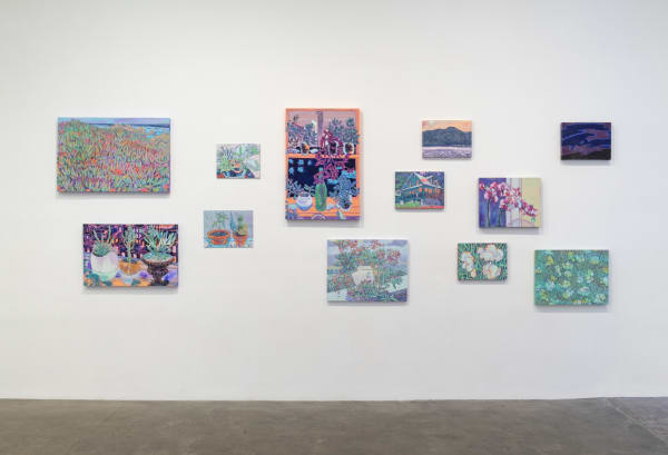Installation View of Susan Inglett Gallery with may small works by Hope Gangloff hanging on the wall