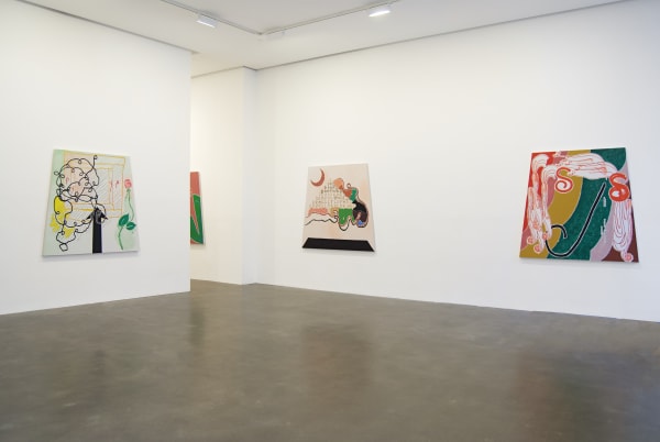 Installation view of Susan Inglett Gallery with three trapezoidal paintings by Allison Miller hanging on the walls