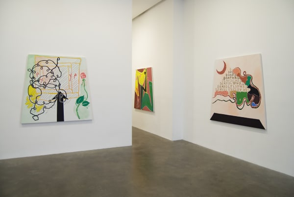 Installation view of Susan Inglett Gallery with a trapezoidal painting by Allison Miller 