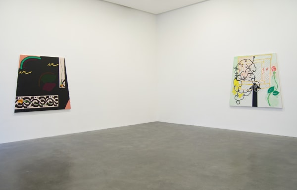 Installation view of Susan Inglett Gallery with a trapezoidal painting by Allison Miller