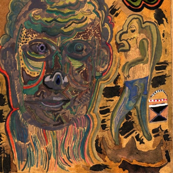 Rendering of a dark faced man with many radiating lines as a small figure approaches from the right