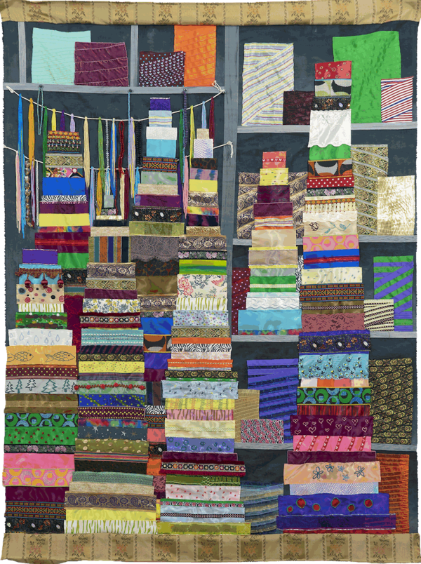 Fabric quilt that depicts a ribbon store in South Korea